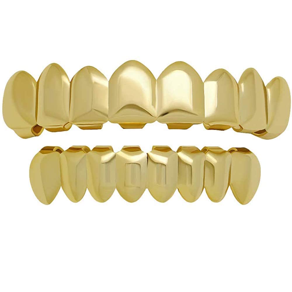 canjoyn8 Teeth Grillz 18K Gold Top and Bottom Grills Set Shiny Hip Hop Teeth Grillz + Extra Molding Bars