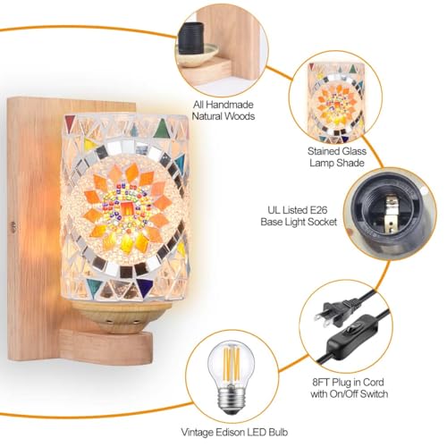 Image of Bedside Colored Mosaic Glass Wall Sconce, Handmade Mediterranean Bohemian Turkish Moroccan Wall Lamp Stained Glass Wall Light Fixtures for Bedroom Living Room Hallway Vanity Corridor Bulb Included