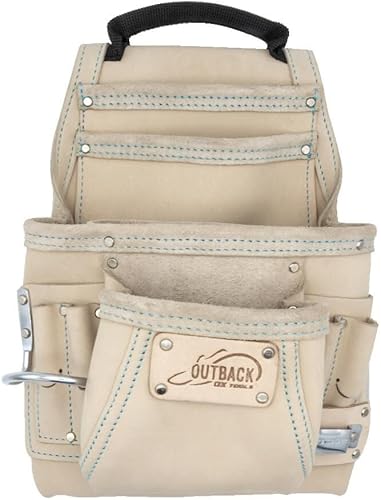 OX Tools - Bolsa de herramientas de cuero blanco con 10 bolsillos - Bolsa de herramientas de carpintero de cuero con funda de martillo y bolsillo