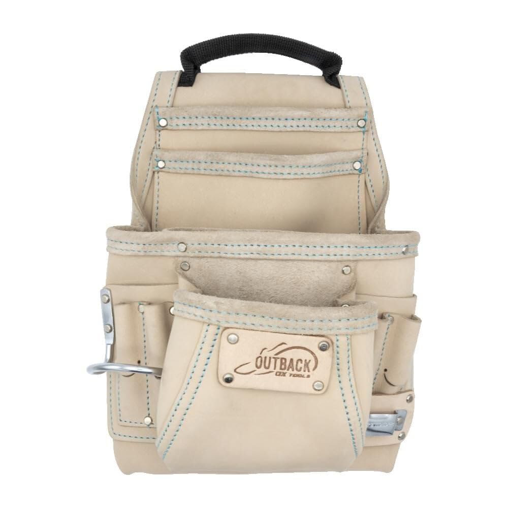 OX Tools 10 Pocket White Leather Tool Pouch - Leather Carpenter Tool Pouch with Hammer Holster and Square Pocket - Double Stitch Belt Pouches for Belt