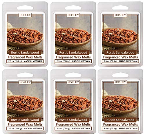 Hosley Set of 6 Rustic Sandalwood Wax Cubes Melts Tarts 2.5 Ounces Each Hand Poured Wax Infused with Essential Oils Ideal Gift for Wedding Party Reiki Meditation Spa. (2.5oz x 6 Count)