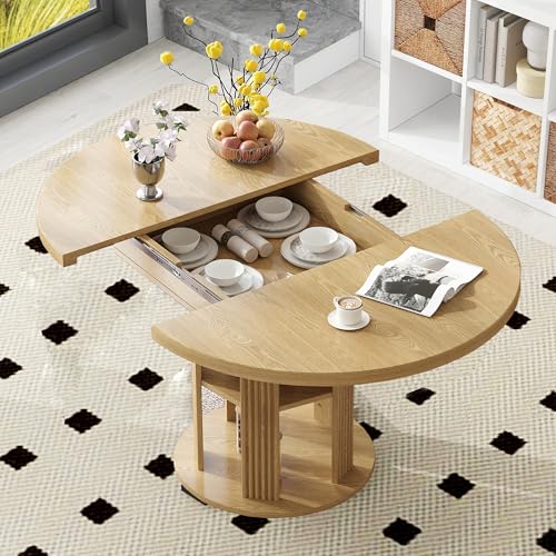 MJADUE 43.31in-59.06in Modern Extendable Round Kitchen Table for 4-8, Fluted Wooden Oval Circle Dining Table, Mid Century Freestanding Round Table, for Living Room, Farmhouse, Nature Oak