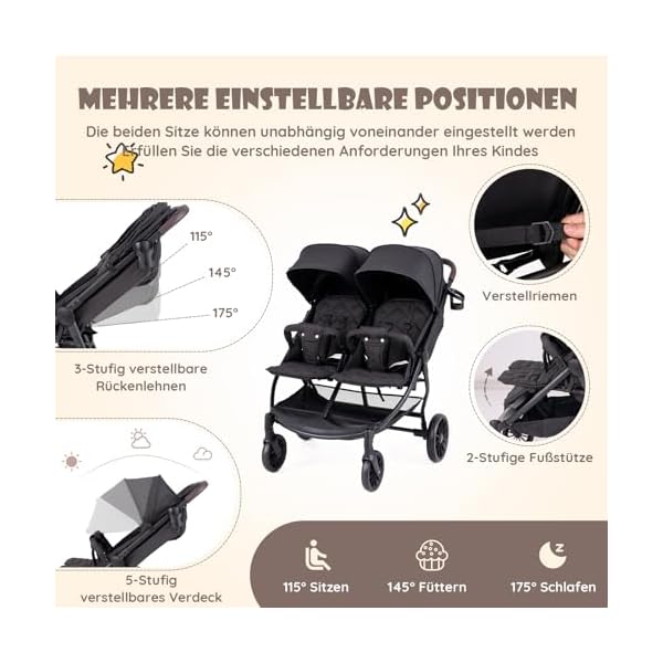 COSTWAY Geschwisterwagen klappbar, Zwillingswagen mit Verstellbarer Rückenlehne, Fußstütze & Baldachin, Reisebuggy mit Liegefunktion, Tragbarer Zwillingsbuggy für Baby bis 3 Jahre (Dunkelgrau)