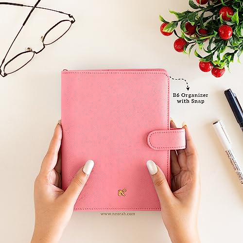 Image of NEORAH - B6 Notebook SLEEVE with SNAP Button - [ SLEEVE ONLY ]|Vegan Leather|Office Diary Holder with Penloop| 2 Front & 1 Back Pocket | 6 Card Slots |2 BookMarks - Fits any B6 Softcover - PINK
