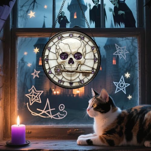 Image of Stained Glass Window Hanging - Halloween Scary Skull Suncatcher for Doors Garden Home Spooky Purple Skeleton Key Sun Catchers Gothic Decor Horror Gifts for Women Men Friend Boy Girl 6.3 in