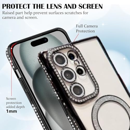 Image of for Samsung Galaxy Glitter Case,Luxury Bling Rhinestone Diamond Plated Bumper Case,MagSafe, Sparkle Camera Lens Protection Clear Back Cover (Black, for Samsung Galaxy S25 Ultra)