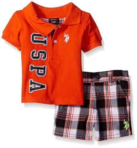 U.S. Polo Assn. Baby Boys' 2 Piece Solid Pique Shirt Short, Orange/Plaid, 12 Months