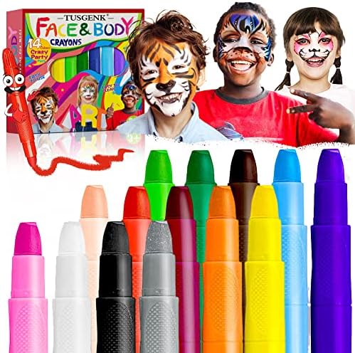 TUSGENK 14 Colors Face Paint, Kids Face Painting Kit Crayons, Washable Body Art Markers for Skin, Makeup Paint Kits for Christmas/Halloween/Birthday Party/Music Festival Cosplay Holiday Favor Gifts