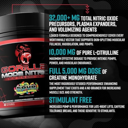 Image of Gorilla Mode Nitric Upgraded Stimulant Free Pre-Workout - Best Tasting & Most Effective Stimulant Free Pre-Workout /Massive Pump . Vasodilation . Power / 780 Grams (Red Gummy Fish)