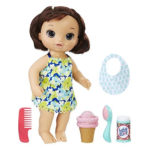 Baby Alive Magical Scoops Baby: Brunette Baby Doll with Dress and Accessories: Ice Cream Cone, Scooper, Comb and More, Perfect Toy for 3-Year-Old Girls and Boys and Up
