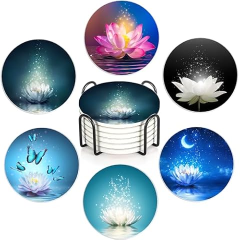 Drink Coasters with Holder,6 Pcs Water Lily Absorbent Ceramic Coasters with Cork Base,Cute Funny Table Drinks Coasters,Table Home Decor,4 Inches Cover