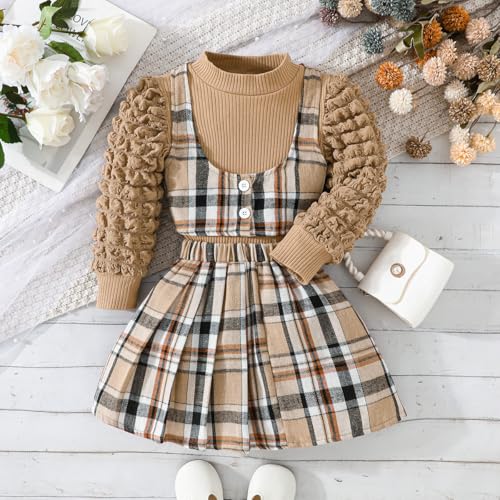 Image of Toddler Girls Christmas Outfits Girls Puff Sleeve Knit Ribbed Tops Button Down Vest Plaid Skirt Set Winter Clothes