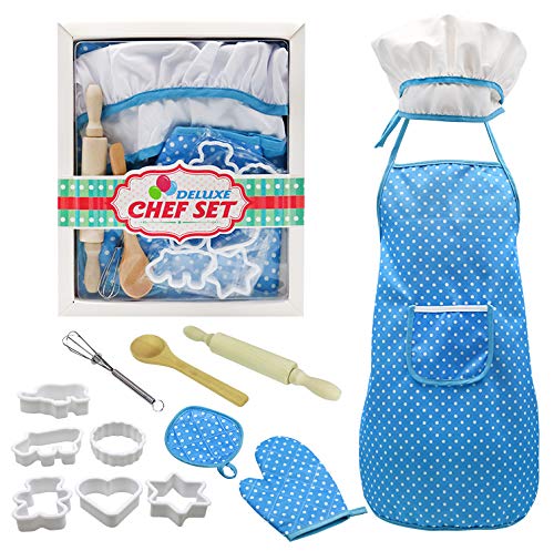 iKNOWTECH Chef Set for Kids, 13pcs Cooking & Baking Apron Set Toddler Play Kitchen Dress Up for Kids Chef Costume Roleplay & Learning Practical Life Skills (Kid Baking Set Blue)