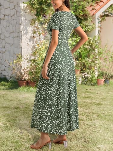 Image of HUHOT Women's Short Sleeve Wrap V Neck Dresses for Wedding Guest Summer Floral Maxi Sundresses with Pockets Boho Dress