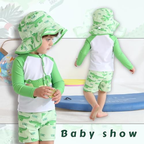 Toddler Baby Boy Swimwear Long Sleeve Rashguard Swimsuit with Sun Hat Cartoon Animal Bathing Suit2