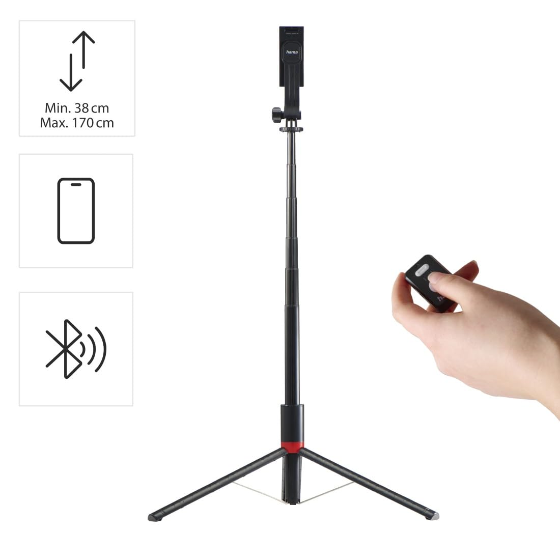 Hama selfkie stick (kij do zdjęć, kompaktowy, statyw, monopod, teleskopowy drążek, maks. 170 cm, Bluetooth) czarny