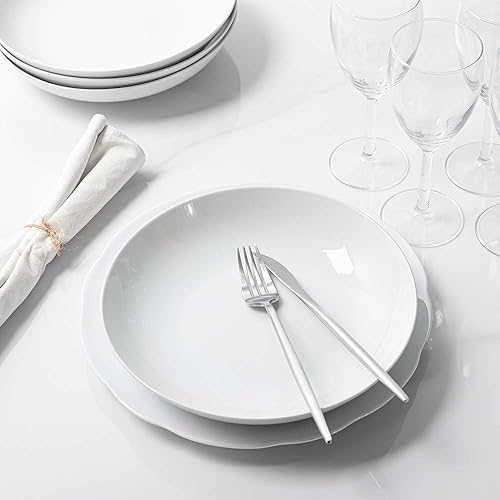 Miniatura 7 de Y YHY Juego de 6 cuencos para pasta de 9 pulgadas, 40 onzas, cuencos de cerámica anchos y poco profundos para servir sopa, juego de platos blancos