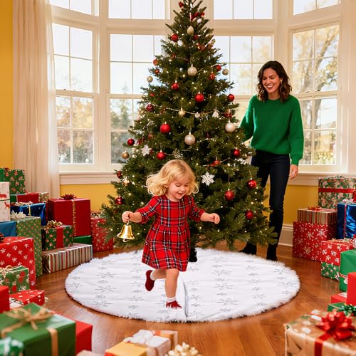 Weihnachtsbaumdecke 122cm, Weihnachtsbaum Rock, mit Schneeflockenmuster,Kiefer Decke mit rundem Teppich, Tannenbaum Decke mit Schneeflocke für Frohe Weihnachten Party Decke Rock Dekorationen