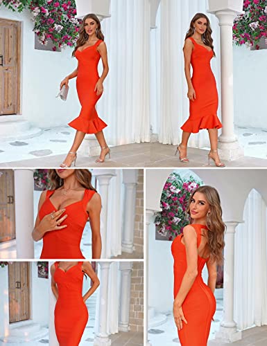 Image of Shoulder Strap Sleeveless Fishtail Midi Bandage Dress for Women Bodycon Club Party Evening Dresses