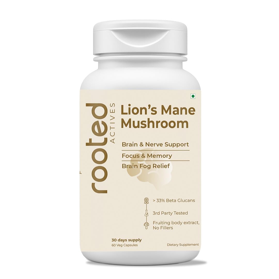 Rooted Active's Lion's Mane Mushroom for Brain Health Support - Mushroom Support for Focus & Memory Function - Immune & Nervous System Supplement | 60 Caps