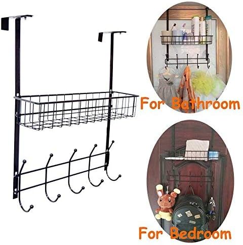Over The Door Hook Hanger Two Tiers with 11 Hooks and Mesh Basket Adjustable Storage Rack Wall Hook for Coats Hats Robes Towels