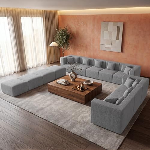 Image of MONVANE Modular Sectional Sofa, Oversized 12 Seat Convertible U Shaped Couch with Ottoman, Comfy Chenille Cloud Couch with Pillow, Sectional Couches for Living Room, No Assembly Required, Light Grey