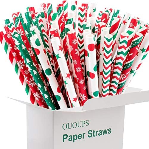 Miniatura 1 de Pajitas de papel de Navidad, paquete de 100 unidades, biodegradables, 7.75 pulgadas, pajitas de papel a rayas, rojo, verde, puntos, a granel, nieve,