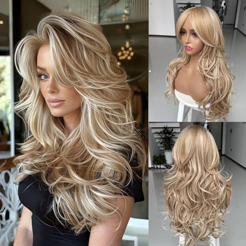 Jadeadyseg Platinum Blonde Highlight Ombre Light Brown Wig Long Wavy Layererd Wigs with Curtain Bangs for White Black Women,Synthetic Blonde Highlight Layered Wig for Daily Party Use 24Inch