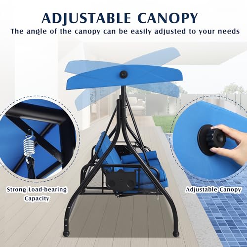 Image of Grepatio Outdoor Porch Swing with Canopy and Stand, 3 Person Patio Swing for Adults, Convertible 2 in 1 Porch Bed Swing with Cup Holder, 3 Seat Swings with 2 Pillow Cushions for Garden, Yard (Blue)
