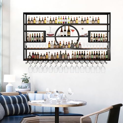 Image of 55in Wine Rack Wall Mounted, Large Capacity Hanging Wine Bottles Display Shelf with Glasses Holder, 4 Tier Industrial Bar Liquor Storage Shelves for Home Bar Kitchen,Living Room (Black, 140cm)