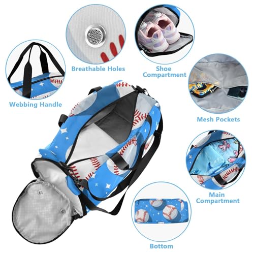 Gym Travel Duffle Bag for Boys Girls White Baseball Blue Pattern Sports Dance Bag with Shoe Compartment & Wet Pocket Football Kids Travel Bag Teens Sleepover Carry4
