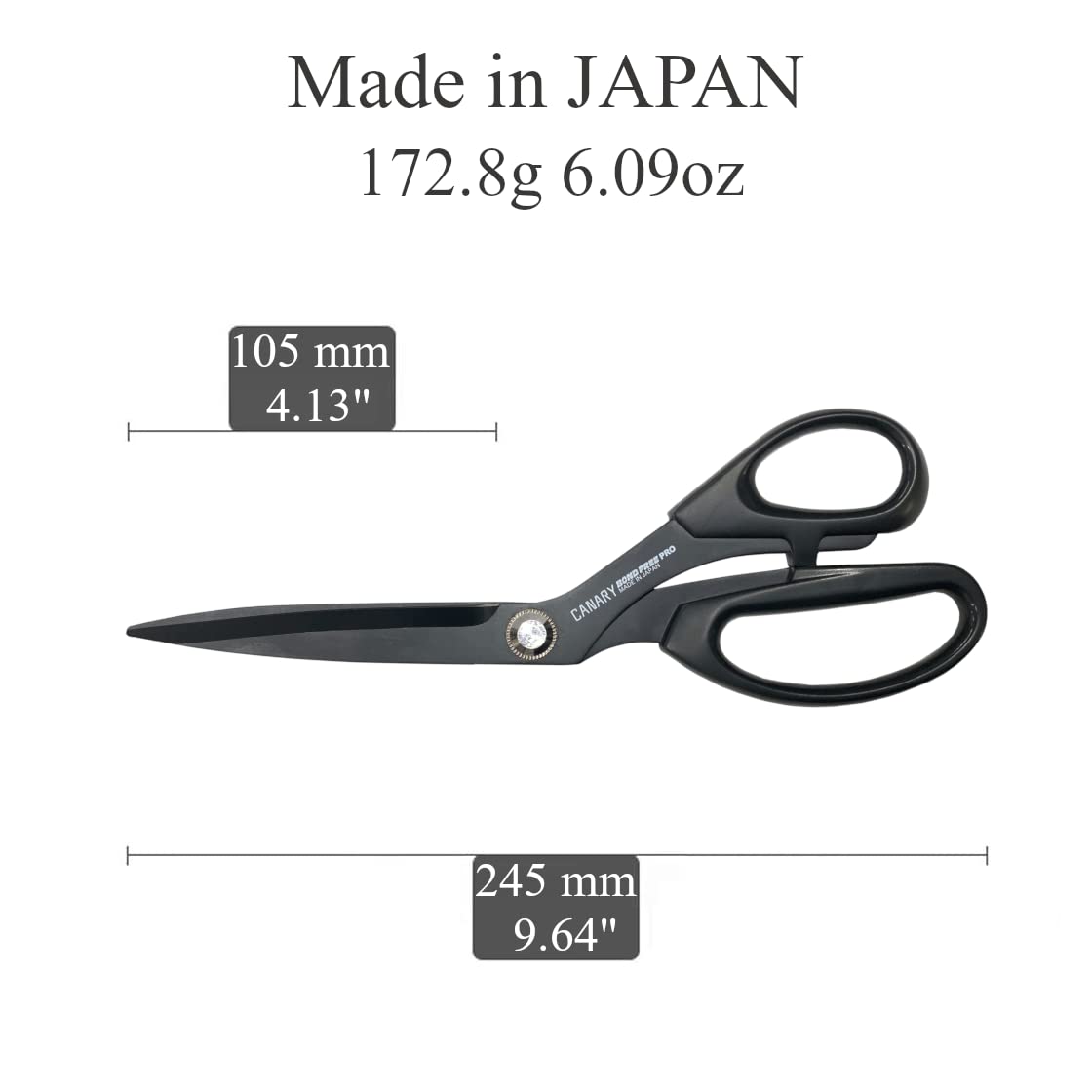CANARY Ciseaux de couture japonais de 24,1 cm, fabriqués au Japon, ciseaux professionnels tout usage pour tissu, feuille de vinyle, adhésif, papier peint, lame de revêtement antiadhésif, noir