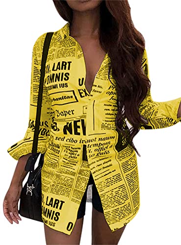 Women's Fashion Tops Newspaper Print Shirt Long Sleeve Blouse Tops Shirt