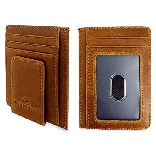 CONVIDENT Carteira masculina slim com bloqueio de RFID, marrom, resistente, vintage, couro legítimo, clipe para dinheiro, unissex, com caixa de presente, Marrom, Porta-cartões fino com clipe para