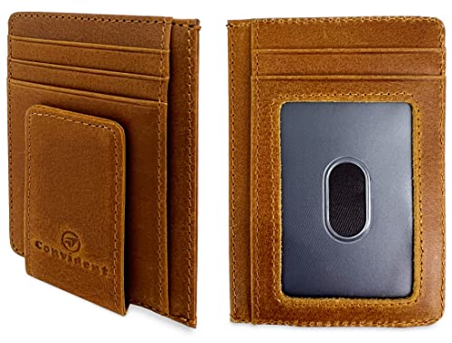 Mens Slim RFID Blocking Brown Rugged Vintage Genuine Leather Card Holder Money Clip Unisex Wallet with Gift Box