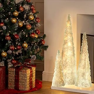 Christmas Village 3pc Light Up LED Christmas Glitter Tree Cones, Xmas Tinsel Cone Pyramids with LED Light for Home Decor Window Display - with Snow Covered Effect