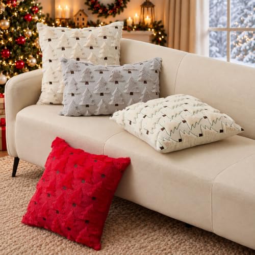 Image of Allorry Christmas Pillow Covers 12x20 inch Set of 2 Grey Christmas Decorations Soft Plush Faux Fur Wool Christmas Tree Throw Pillow Cases Winter Holiday Decor for Sofa Living Room PT002I12