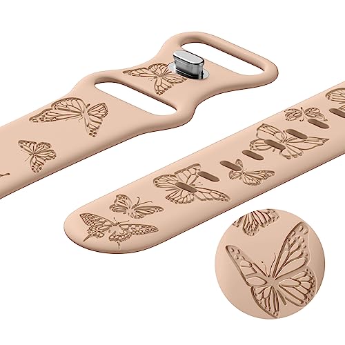Image of Butterfly Engraved Bands Compatible with Apple Watch Band 41mm 40mm 38mm 49mm 46mm 49mm 46mm 45mm 44mm 42mm Women, Silicone Sport Strap for iWatch Series SE 10 9 8 7 6 5 4 3 2 1 SE Ultra