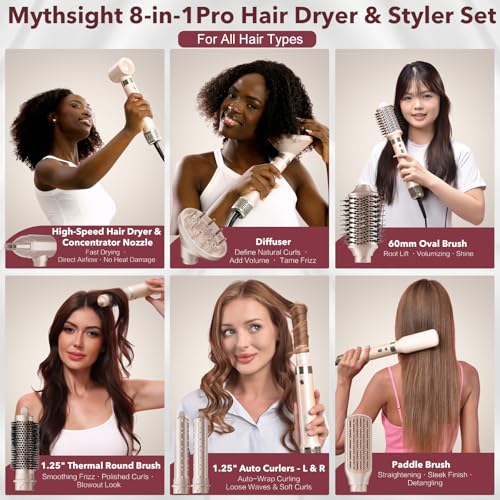 Image of Mythsight StyleVibe 8-in-1 Air Styler, Diffuser Hair Dryer & Blow Dryer Brush with Travel Bag - Auto Wrap Curls(L /R), Fast Drying, Thermal Brush for Smooth Blowouts & Frizz-Free Volume, No Heat Damage
