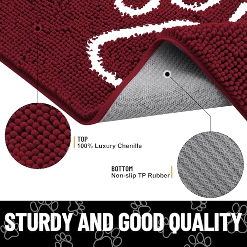 Image of Smiry Dog Door Mat for Muddy Paws, Absorbent Dirt Trapper Non Slip Quick Dry Washable Chenille Mat for Mud Dogs, Entry Rug for Indoor and Outdoor (24x16 Inches, Burgundy and White)