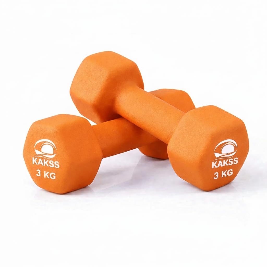 KAKSS Neoprene Dumbbells Set, 3kg Pair (2 x 3kg) Orange Hex Gym Weights with Anti-Slip Coated Grip, Cast Iron Hand Weights for Women, Exercise Weights for Home Gym, hexagonal cast iron core with โ image 1