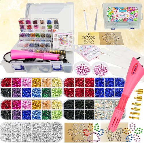 Hotfix Applicator Tool with 8600 Pcs Rhinestones for Blinging Clothes, Fabric, Clothing, Leather, Hot Fix Bedazzler Kit with 6 Tips, Stand, Manual, Case, Glove, Stencils, Tray, Tweezers, Gem Picker