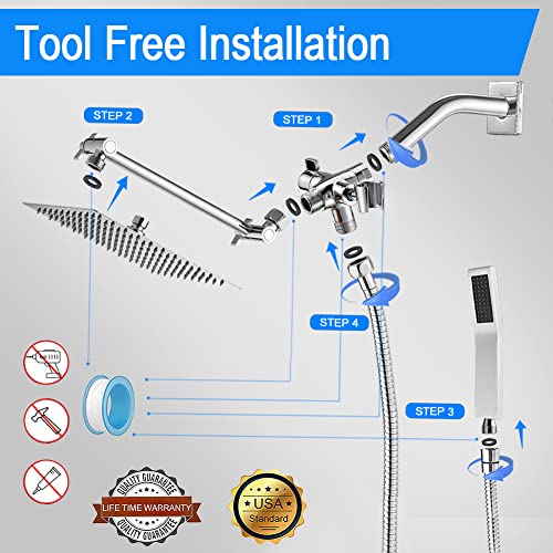 Psylc 8 Inch (All Metal) Rain Shower Head With Handheld, High Pressure Dual Shower Head Combo With Adjustable Extension Arm, 70" Flexible Hose, 3-Way Diverter - Height/Angle Adjustable(Chrome) #TOP1