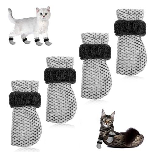 YBEATY 4 Pcs Cat Boots Anti Scratch Mittens Gloves Adjustable Cat Claw Protectors Foot Covers Mesh Breathable Cats Shoes to Prevent Scratching for Pet Bathing Feeding Cutting Nail Trimming
