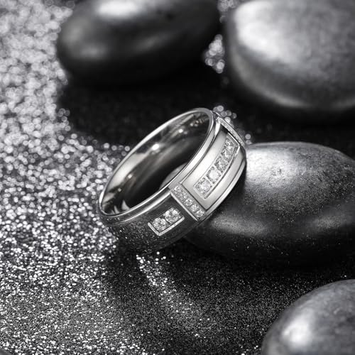 King Will Men's Titanium Wedding Band - 8mm Polished Band with Step Edges and Cross Design Featuring White Zirconia Insets Comfort Fit Size 7-143