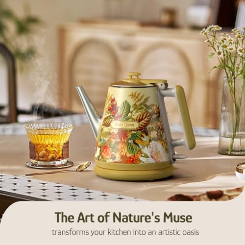 Image of Hazel Quinn Electric Kettle - 1L /34oz Small Tea Kettle, 800W Fast Boil, All 304 Stainless Steel Interior, Double Wall for Cool Touch and Thermal, Auto Shut-Off, BPA-Free, Cordless - Floral Printed