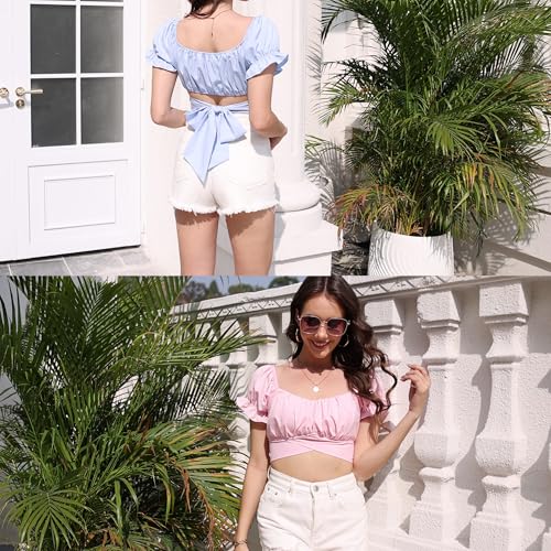 PUKAVT Women's Short Sleeve Crop Tops Summer Off Shoulder Blouses Ruffle Sexy Tie Back Top3