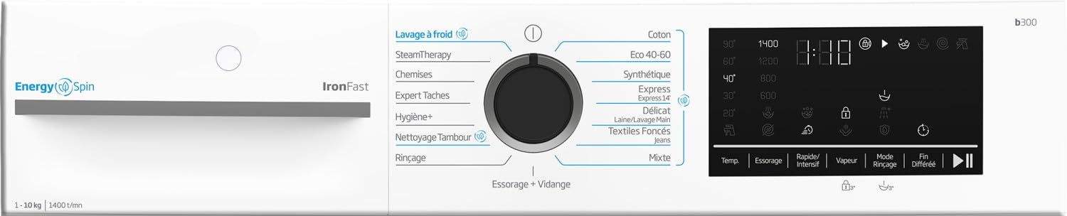 Beko BM3WFU410411B Lave‑linge Frontal 10 kg, 15 programmes, 1400 trs/min, Classe A, SteamTherapy, IronFast, Blanc