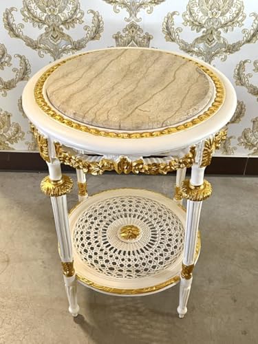CasAmin Home & Living Runder Weißer Beistelltisch aus Holz im Retro Antik Barock Stil, Handgefertigt mit Marmorplatte, Couchtisch, Teetisch als Wohndekoration – Bild 6