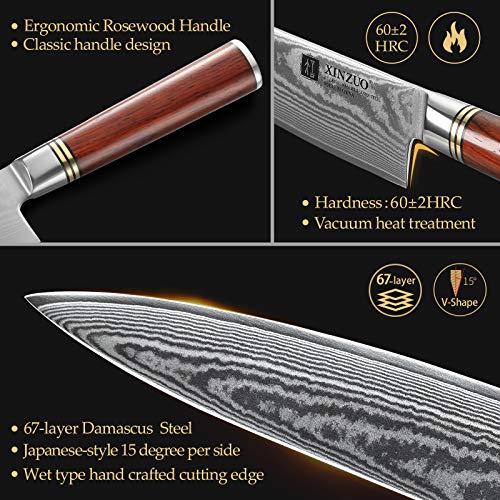 XINZUO Damascus 5PC Kitchen Knife Set, Hand Forged Sharp Gyuto Knife VG10 High Carbon Steel Professional Chef Knife Santoku Bread Utility Fruit Knife with Ergonomic Rosewood Handle – H Series - Thumbnail 5